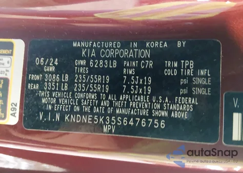 2025 Kia Carnival Mpv Sx from USA, damaged, VIN KNDNE5K35S6476756